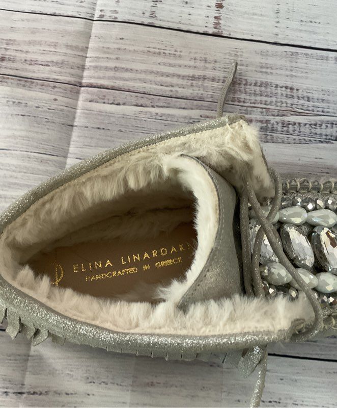 Women's Elena Linardarki Silver Moccasin w/ embellishments Size 5.5 Retail $200