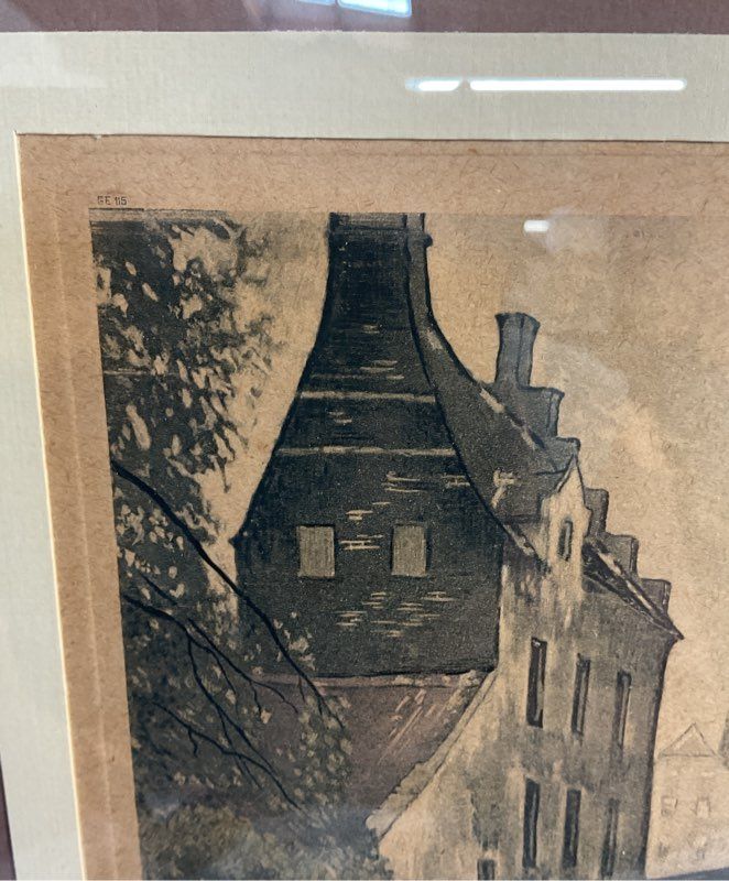 Julien Celos 1884-1953 Belgium Canal Scene Charcoal Etching Signed Print