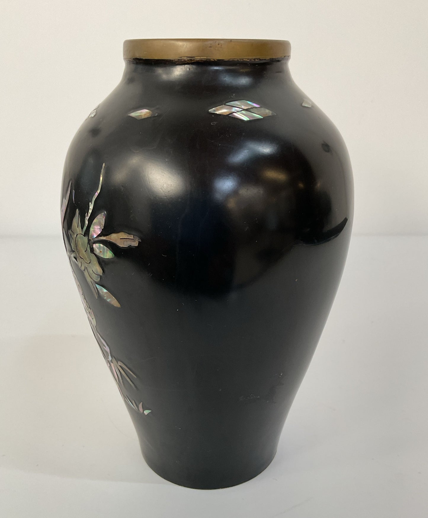 Vintage Brass Black Lacquer Floral Bird Motif Mother of Pearl Inlay Vase