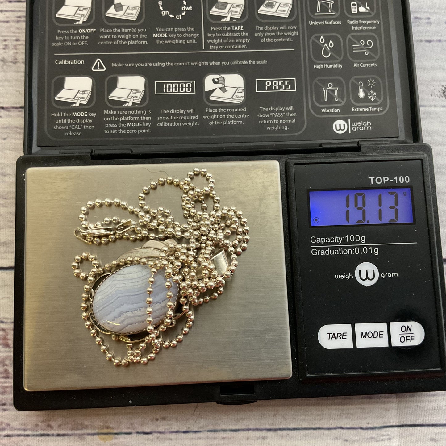 BBT Sterling Silver & Blue Lace Agate Oval Pendant 36" Chain Necklace- 19.13g