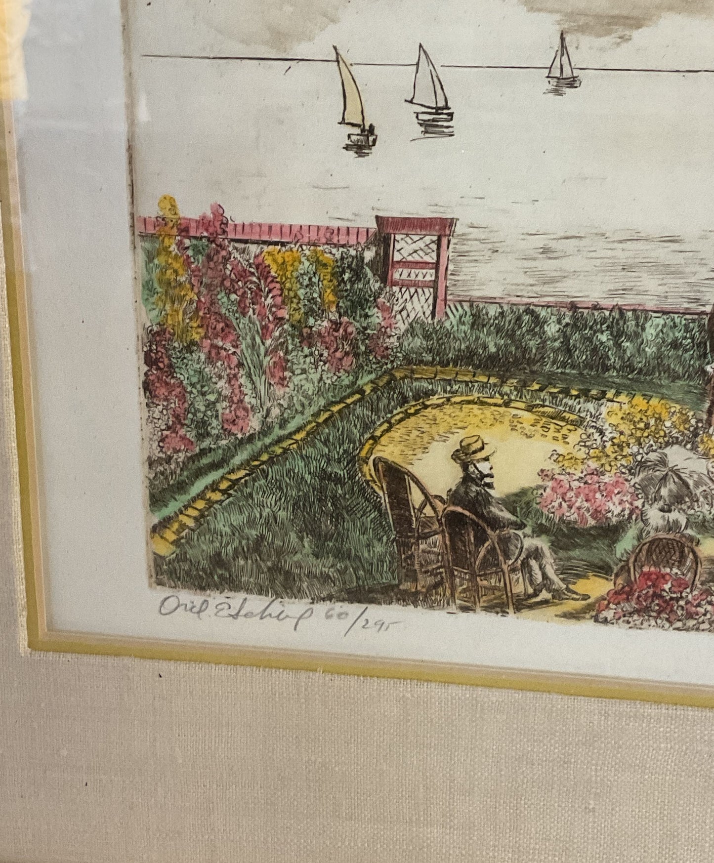 Garden Overlooking the Sea Etching by Marianne L. Almasy Signed Framed