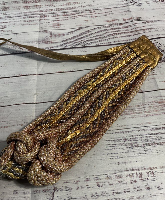 Woven Braided Belt Pearl Center Buckle Metallic Gold Tone Women's