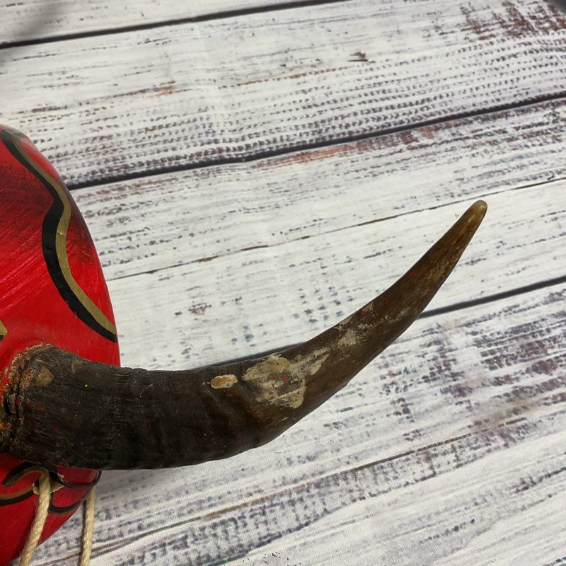 Vintage Wooden Hand Carved And Painted Red Diablo Mask Art W/ Real Animal Horns
