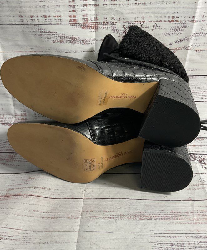 Karl Lagerfeld Cantyn Faux Fur Quilted Black Leather Block Heel Booties Size 10