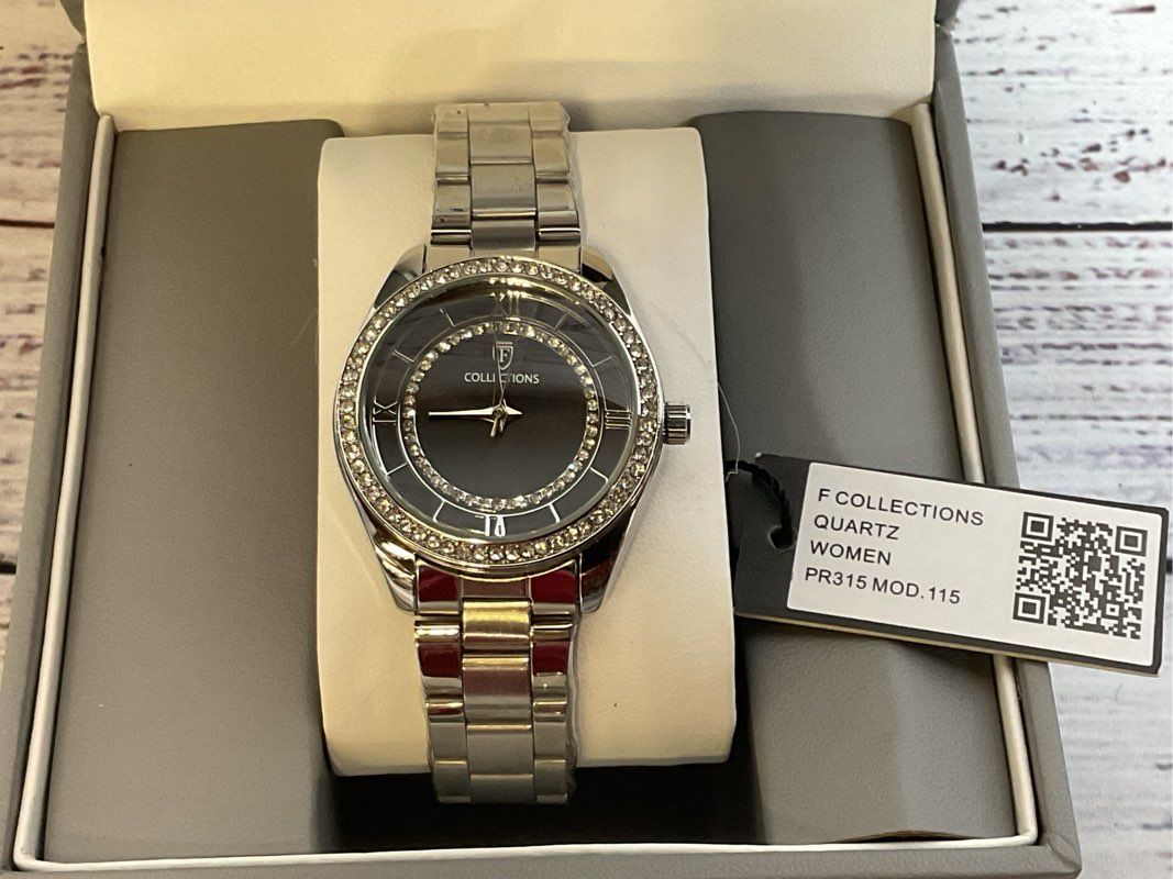 NWT F COLLECTIONS PR315 Women's Silver Tone Rhinestone Watch