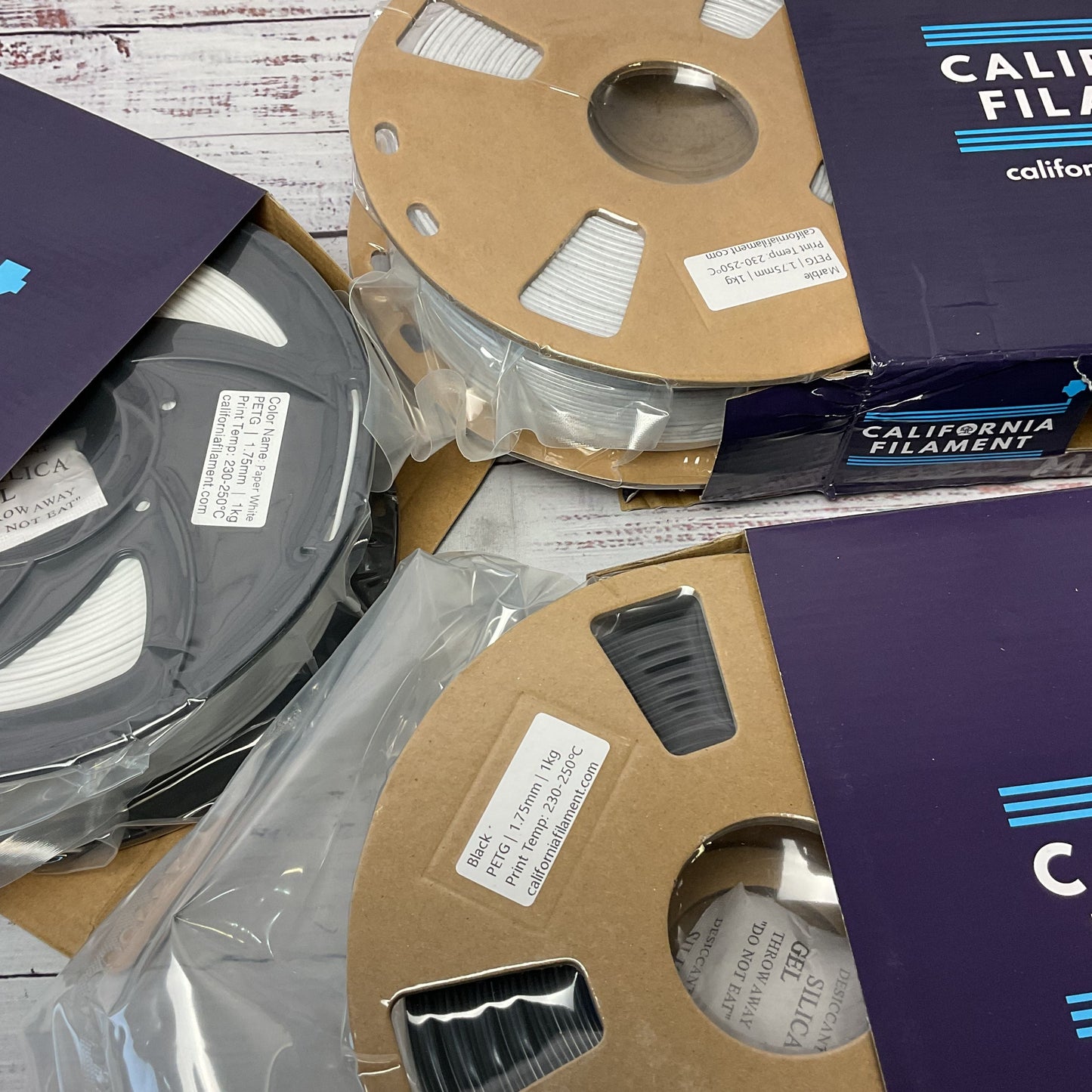 California Filament PETG 1.75mm 1Kg lot of 3 Black Marble Paper White 3Kg Total