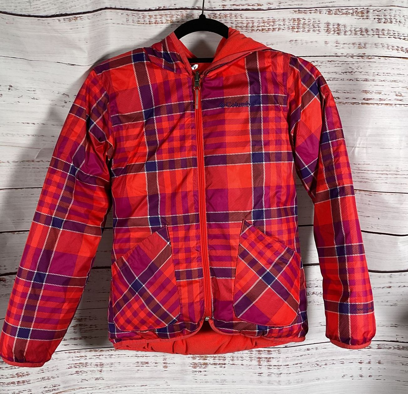 Columbia Reversible Padded Insulated Hooded Jacket Red Plaid Kids M 14-16
