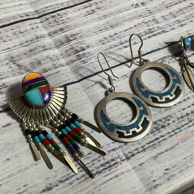 Set of 3 Mexico and Native Sterling Earrings- 23.39g (2 PAIRS & ONE SINGLE)