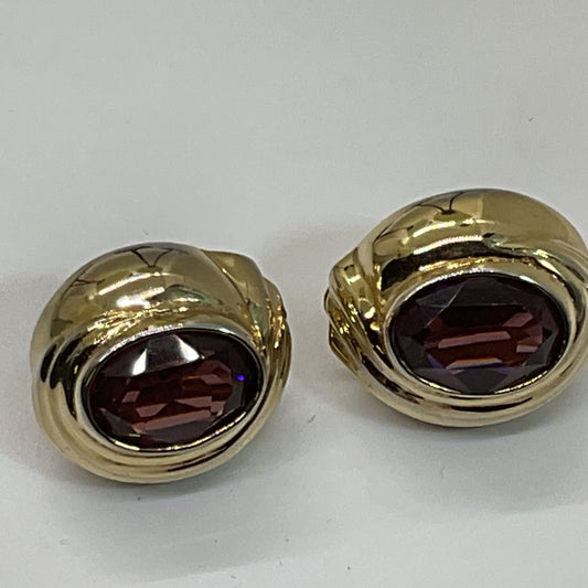 VTG. Signed "R" Gold Tone Purple Rhinestone Earrings