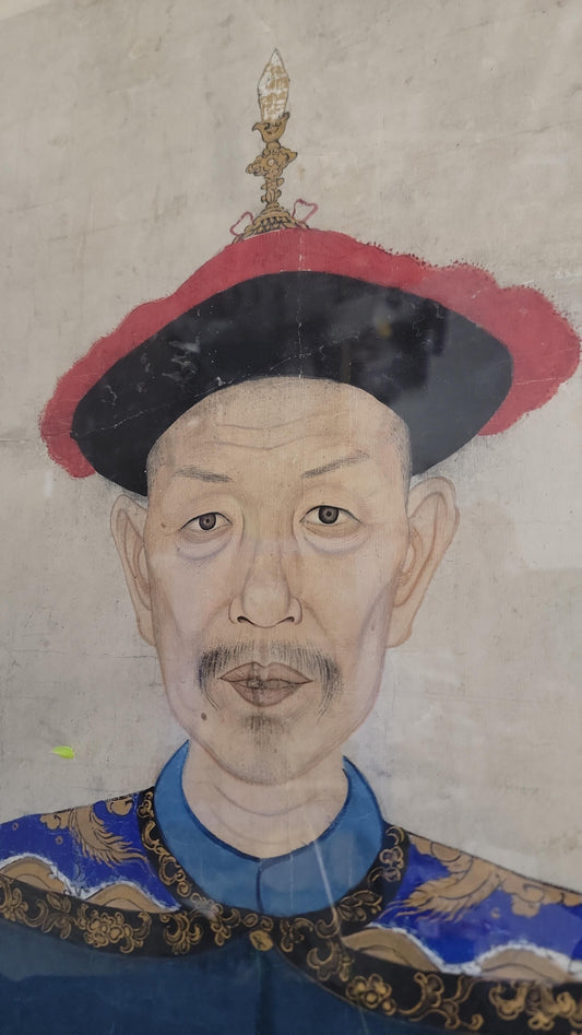 VTG./ANTIQUE Japanese Ancestry Painting of Man Sitting on Throne- LARGE 93x43.5"