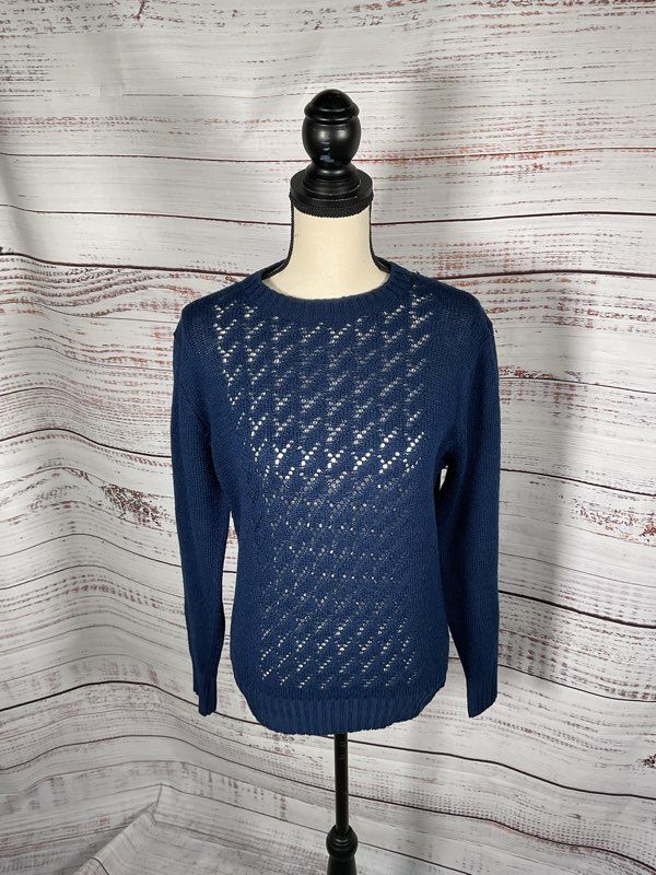 Vintage Pendleton Woolin Mills Virgin Wool Pointelles Knit Blue Pullover Size S