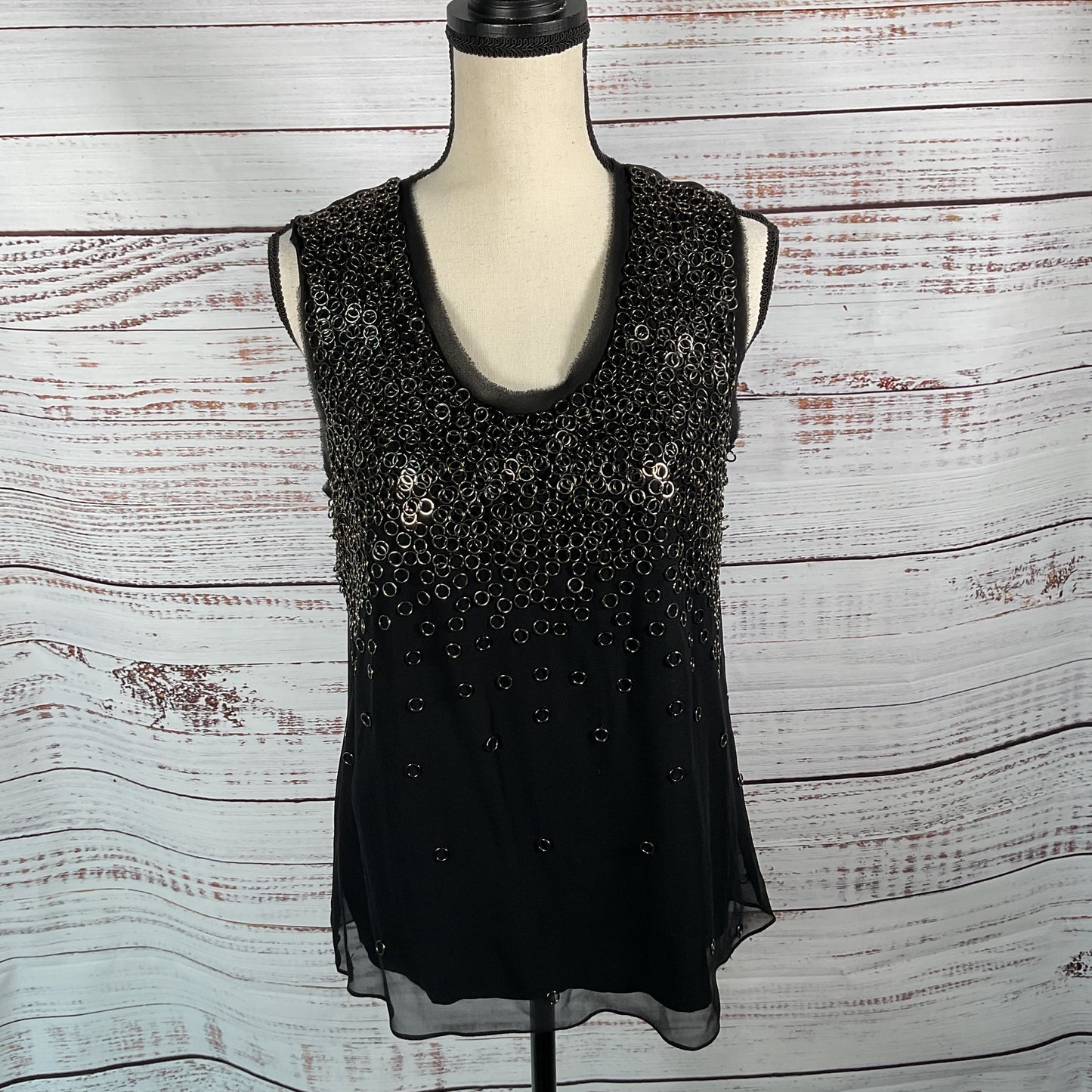 Elie Tahari Black Silk Sleeveless Angelica Tank Top Metallic Ring Sz M New Tags
