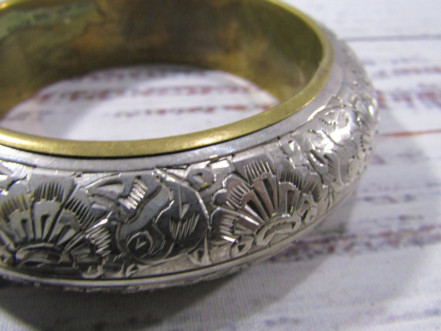 Vintage Handcrafted Floral Etched Silver Plated Brass Bangle Bracelet