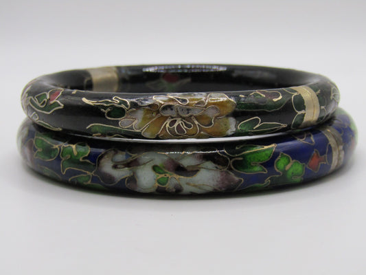 Vintage Multi-Color Cloisonne Enamel Floral Bangle Bracelet Set of 2