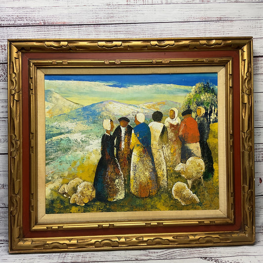 Puritans 1800s Group of People and Sheep Oil on Canvas Painting K. Marion Signed