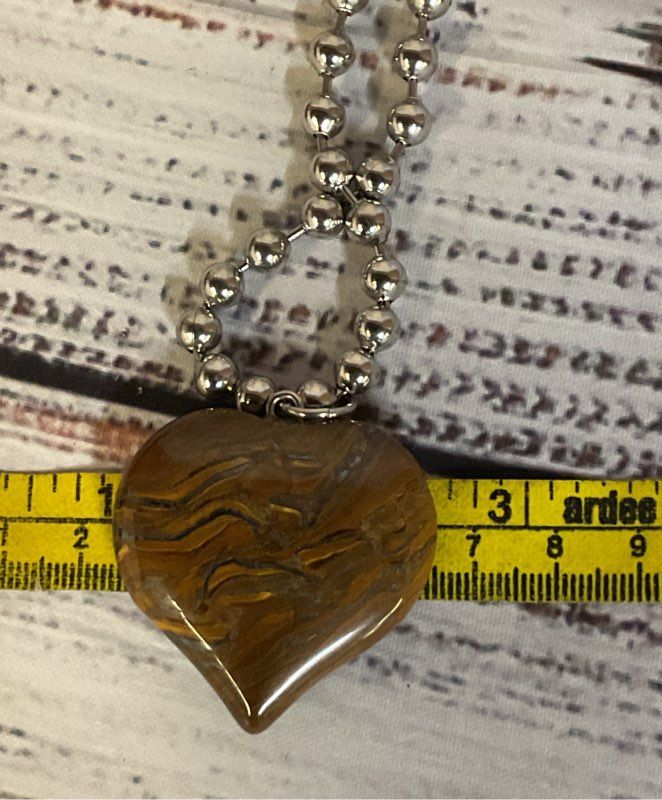 Arcanum Silver Tone Chain Necklace with Tiger Iron Heart Pendant