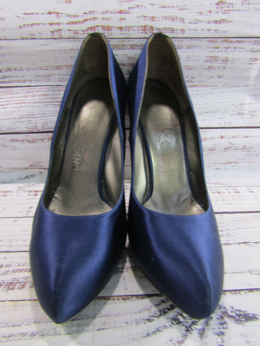 Salvatore Ferragamo Women's Blue Satin Heel Pumps Size 9 Made in Italy