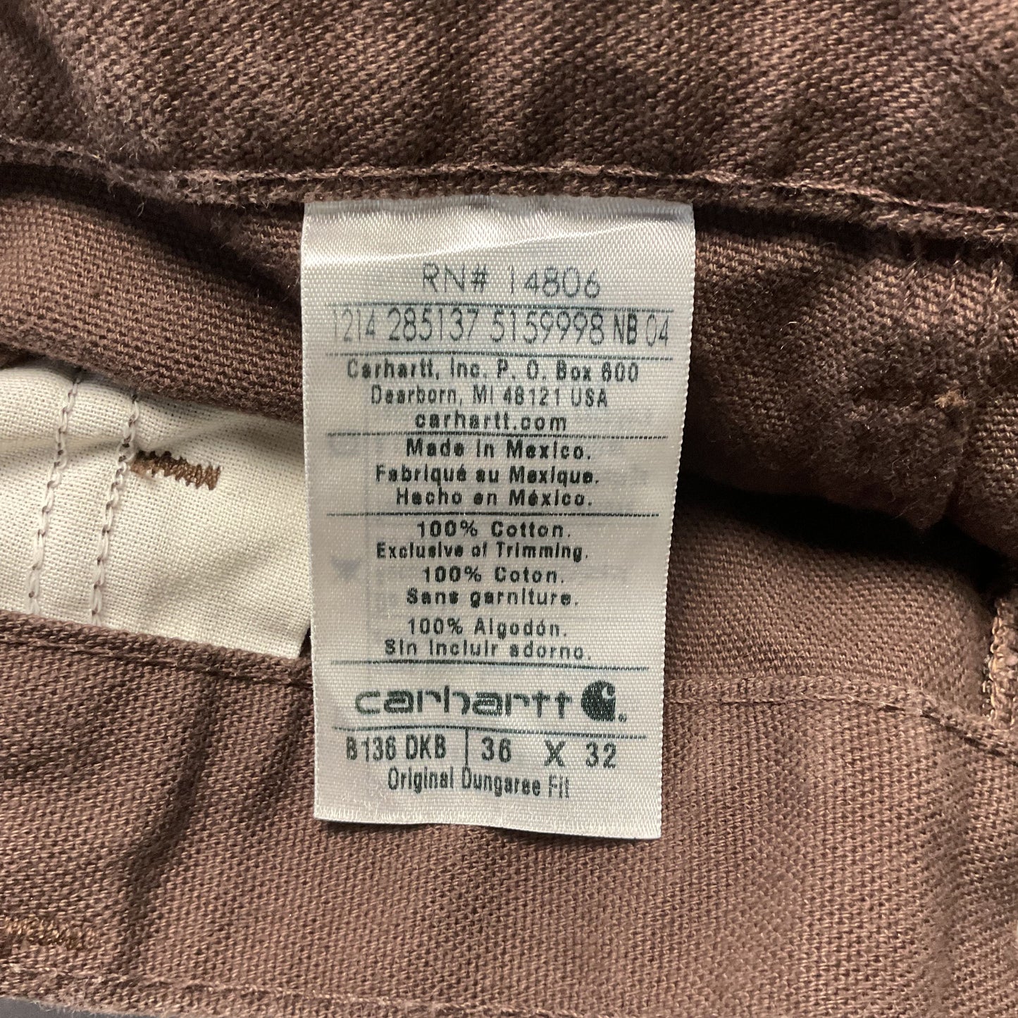Carhartt Brown Double Front Dungaree Carpenter Pants - Size 36 x 32