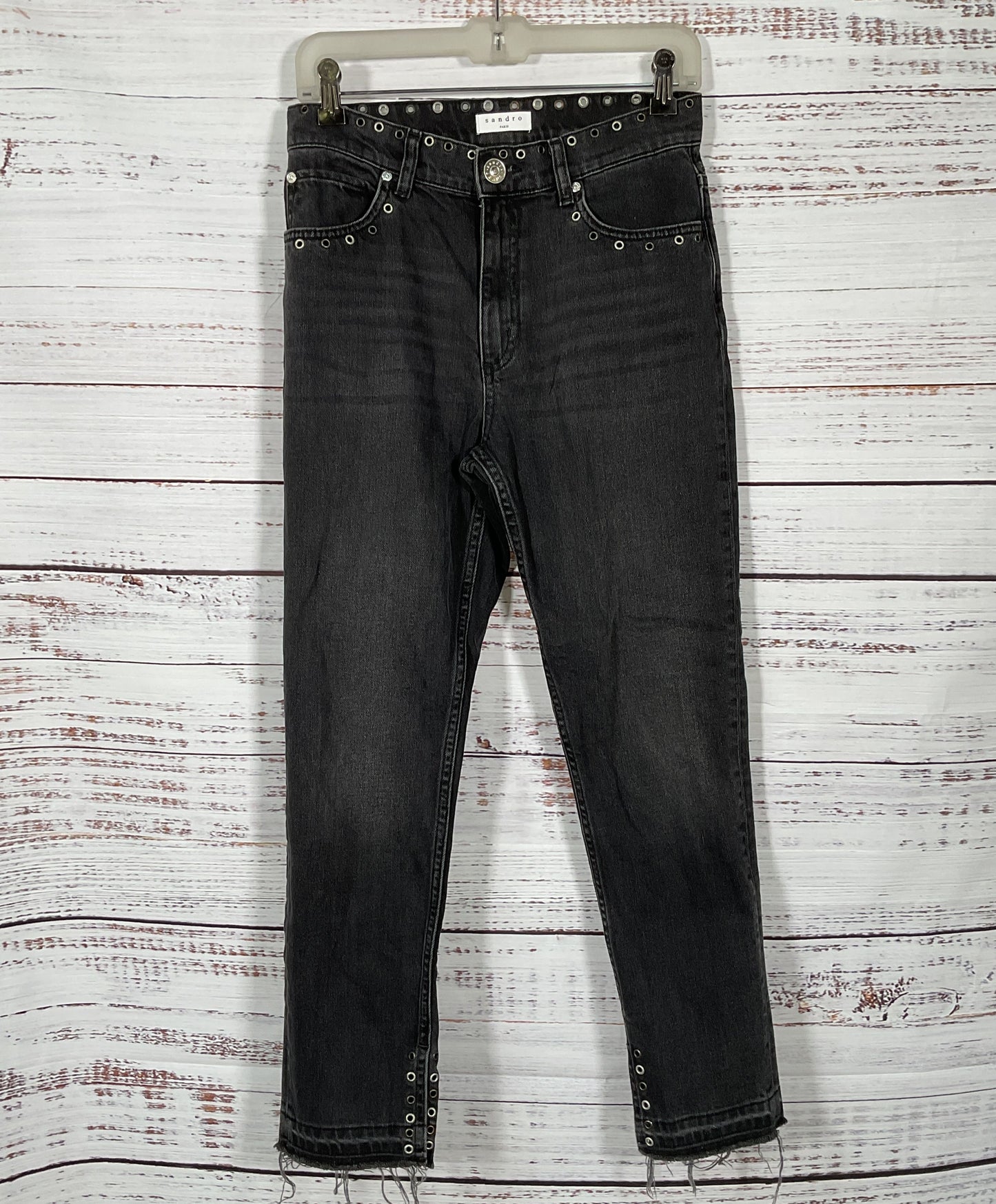 Sandro Embellished Eyelets High Rise Denim Skinny Jeans Black 38
