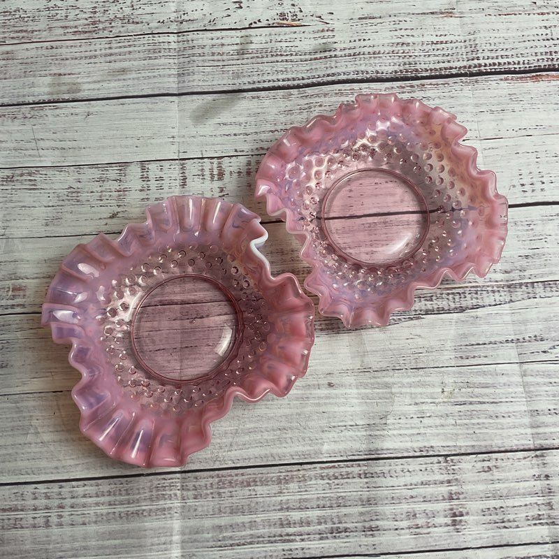 Set Of 2 Vintage Opalescent Pink Ruffle Edge Hobnail Glass 5" Trinket Dishes