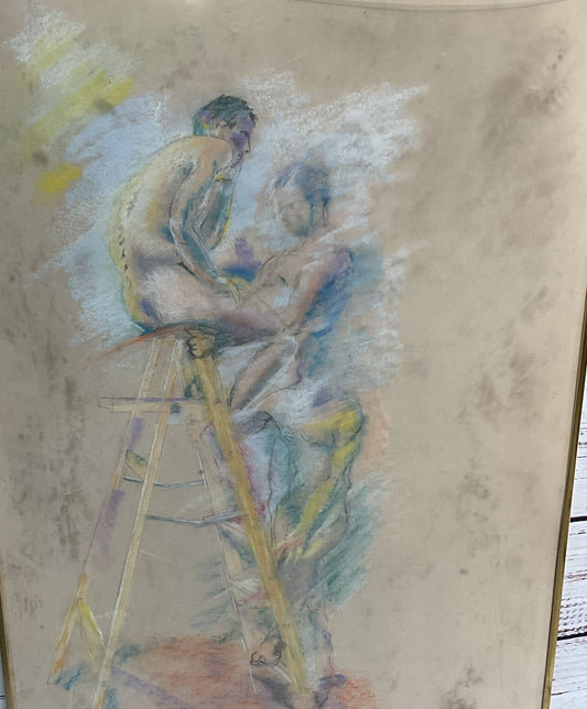 N. Paster Man Climbing Ladder Drawing Print Signed