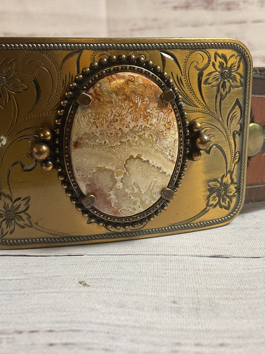 Embossed Leather Belt Brown Belt with Metal Buckle + Stone - 40"