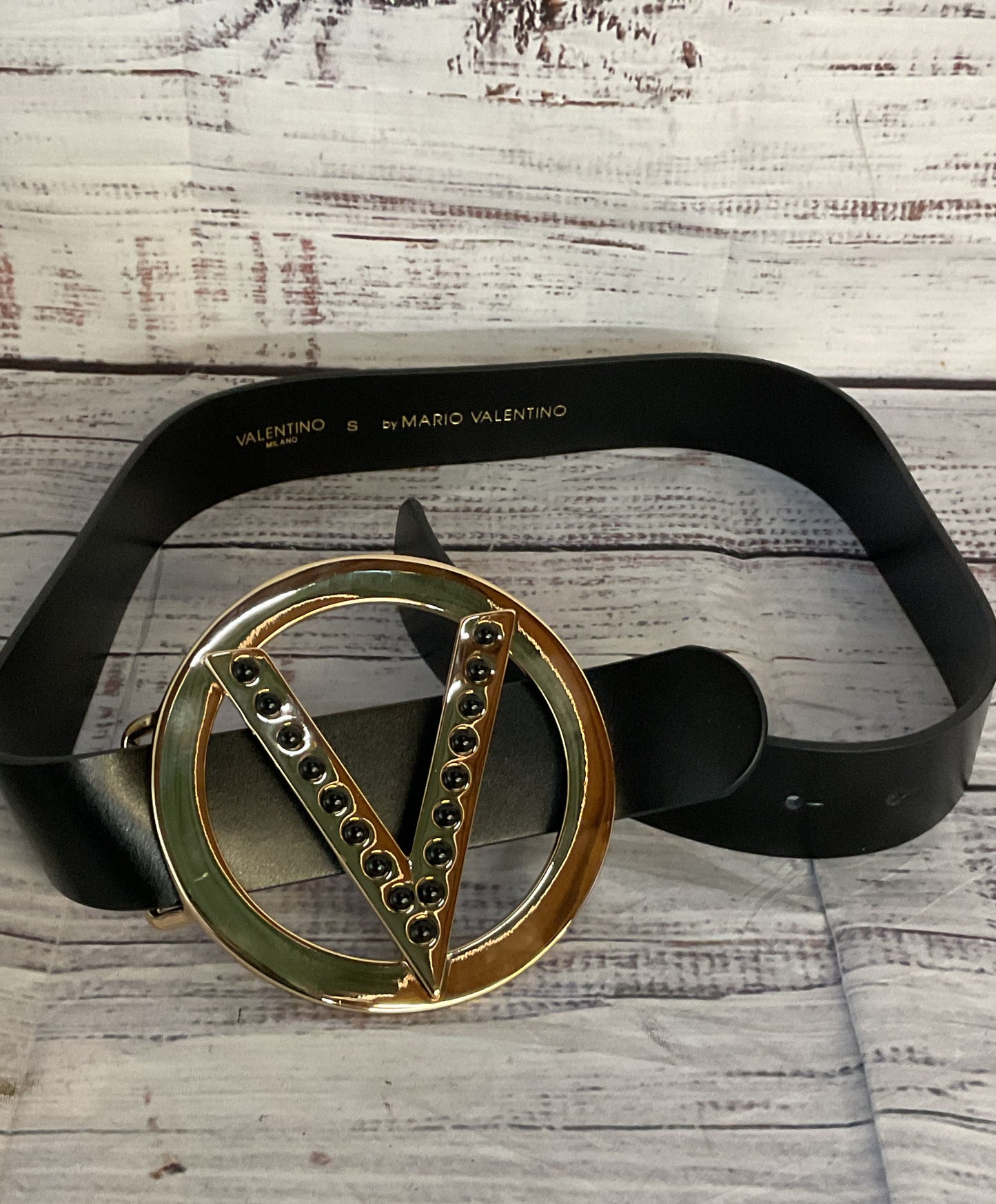 Valentino by Mario Valentino Giusy Embellished Logo Leather Belt Black S
