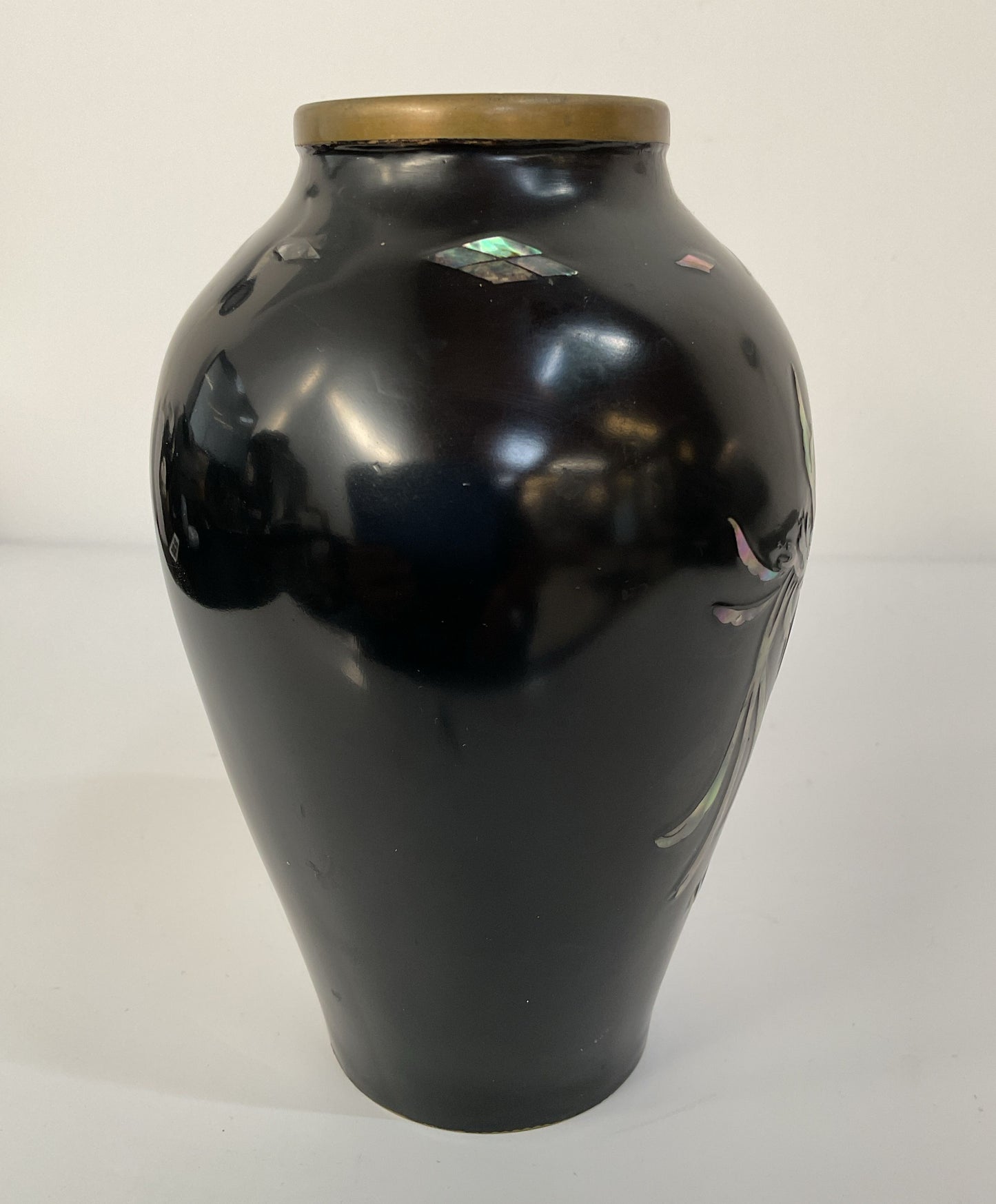 Vintage Brass Black Lacquer Floral Bird Motif Mother of Pearl Inlay Vase