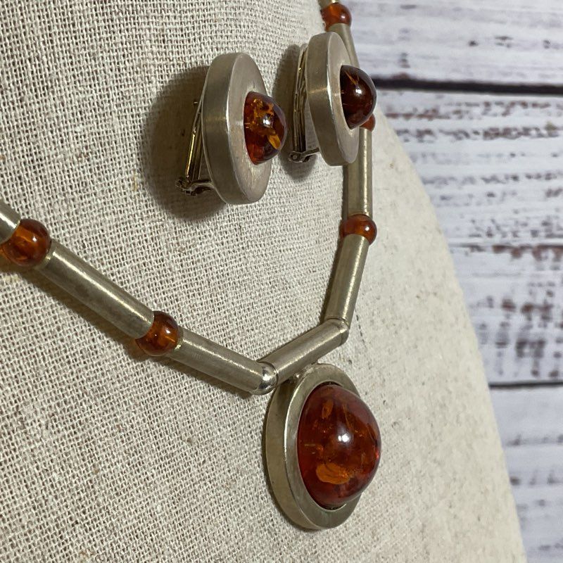 Sterling Silver Bar Beads & Cabochon Amber 16.5" Necklace and Earring Set- 48g