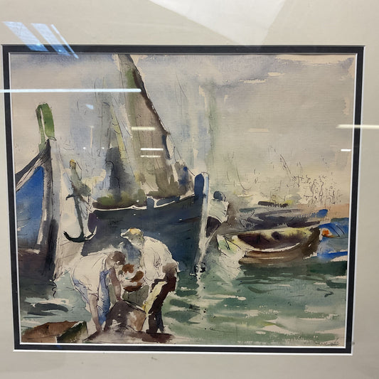 Fishermen Standing Working in Front of Boats Watercolor by G. Pimenta? Signed.