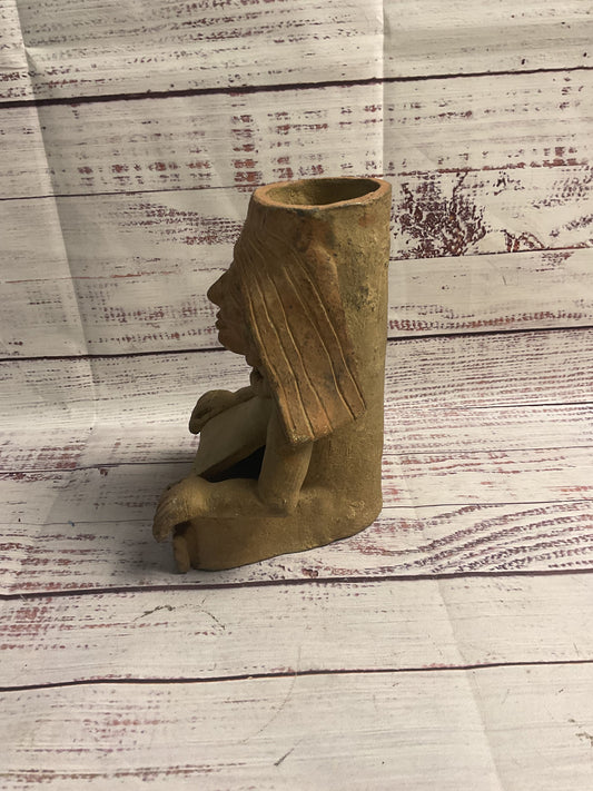 Brown Clay Mexican Figure Sitting Pot Vase