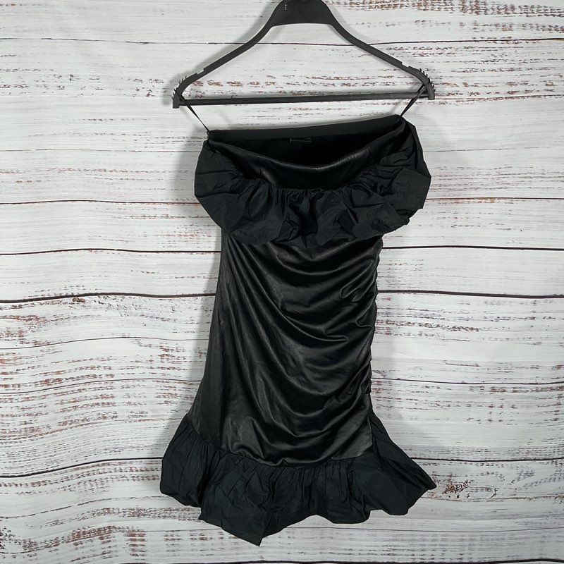 Pinko Black Faux Leather Ruffle Trim Strapless Mini Dress - Size 2