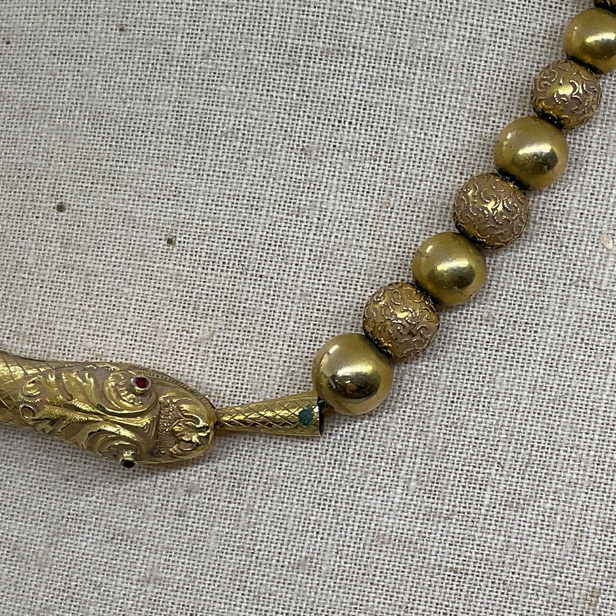 9K Yellow Gold Serpent Head Graduated Beaded 15.5" Necklace- 15.30g AS IS