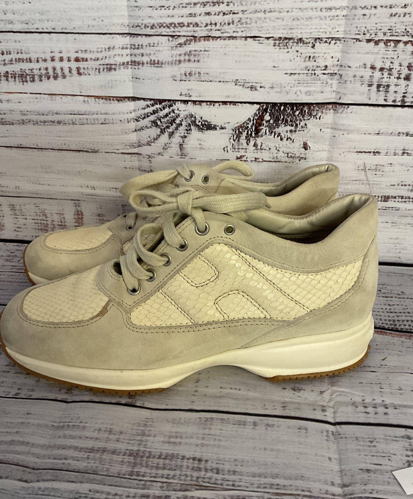 Hogan Suede Trimmed Snake Embossed Sneakers Light Grey Beige 9