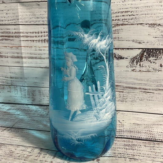 VTG. Mary Gregory Hand Painted Blue Glassware Pitcher & Cups 5 Pc. Set