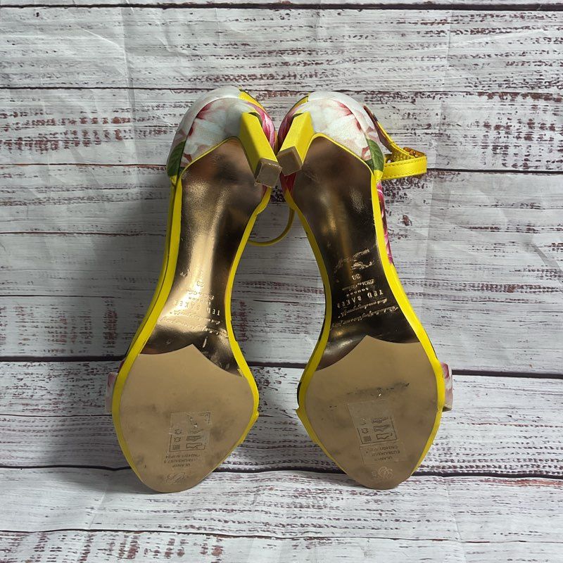 Ted Baker Yellow Floral Satin Strappy Heels Women's Size 7.5 US
