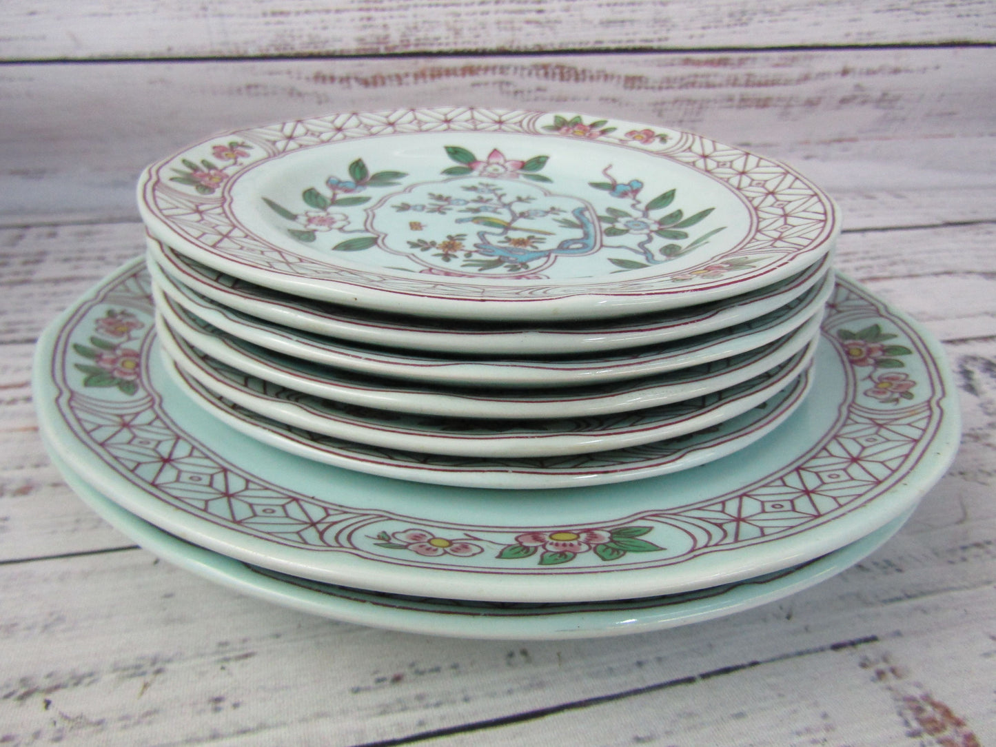 Adams Singapore Bird 6 Dessert Plates & 2 Salad Plates Made in England