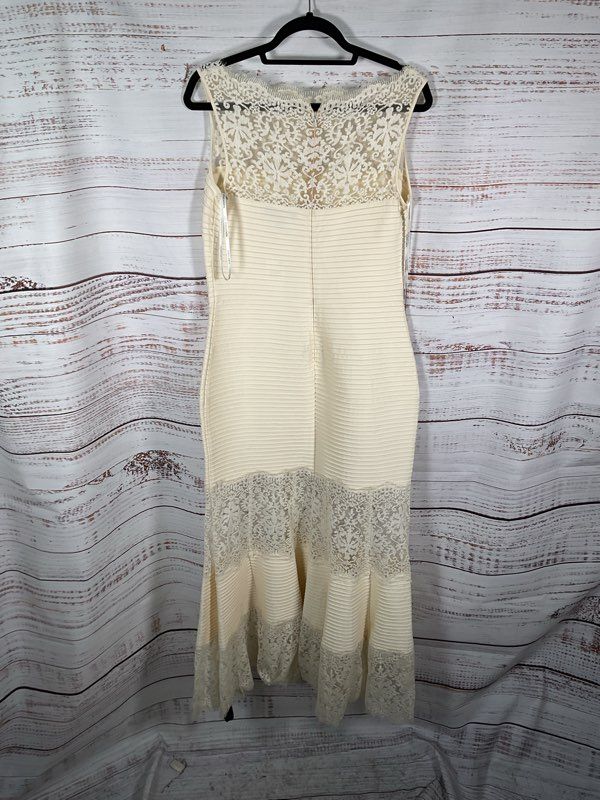 Tadashi Shoji Pintuck Jersey Boatneck Gown Size PXL Petite Cream Dress NWT $428