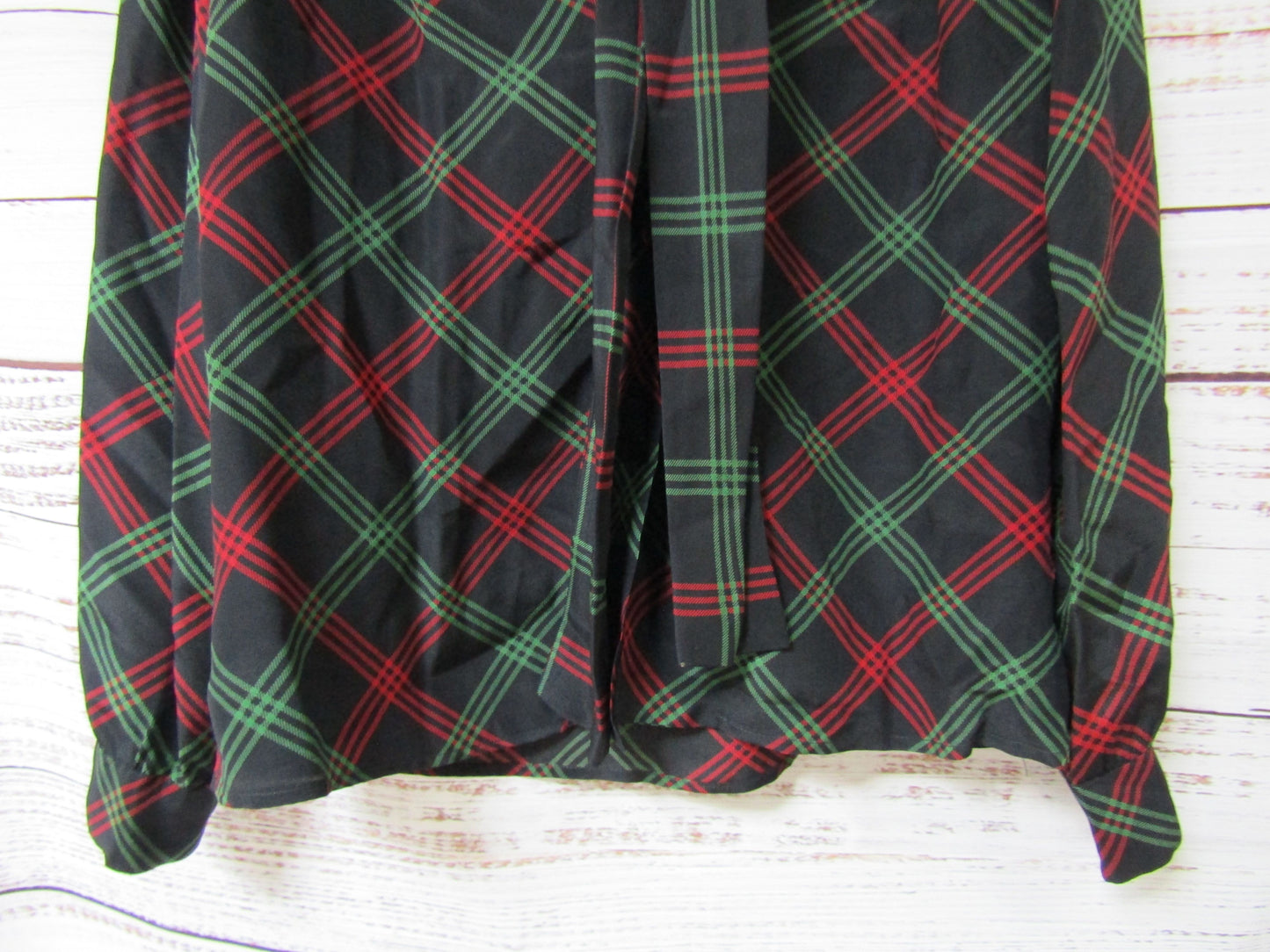 Vintage Adolfo at Saks Fifth Avenue Women's Red Green Plaid Silk Blouse Size S