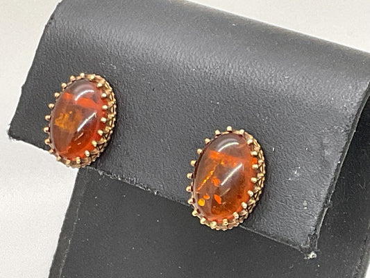 10K Yellow Gold Baltic Amber 5/8" Oval Stud Earrings- 3.28g