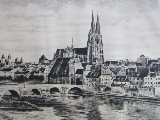 Antique Artist Signed Regensburg Cathedral Stone Bridge Etching