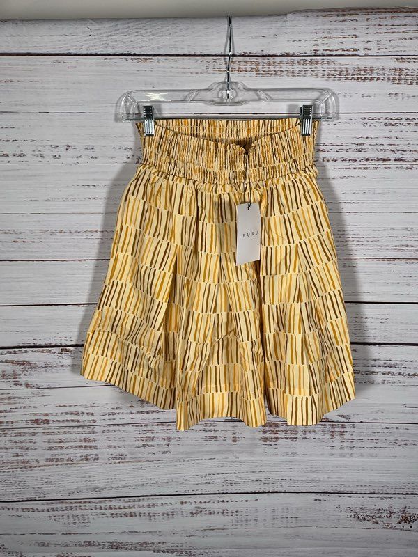 NWT Women's Buru Yellow Brown Smocked Mini Skirt Matchstick