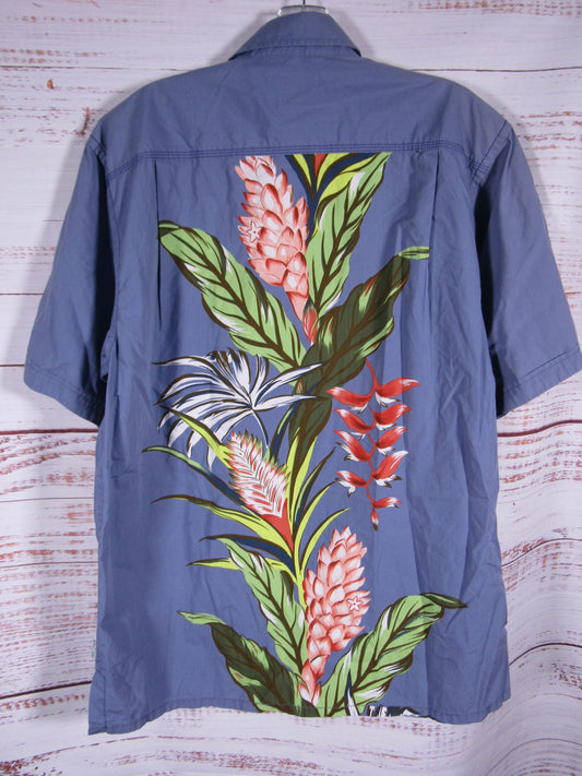 Tommy Bahama Men's Blue Floral Embroidered Short Sleeve Cotton Shirt Size M