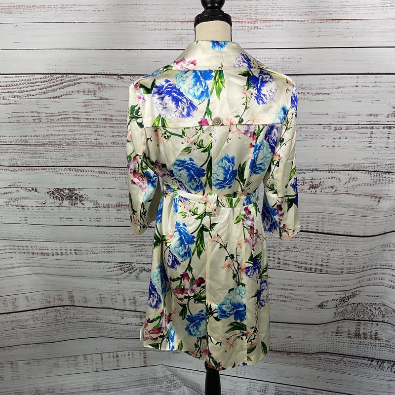 J. DOSI Ivory Floral Silk Belted Double Breasted Jacket READ DESC.
