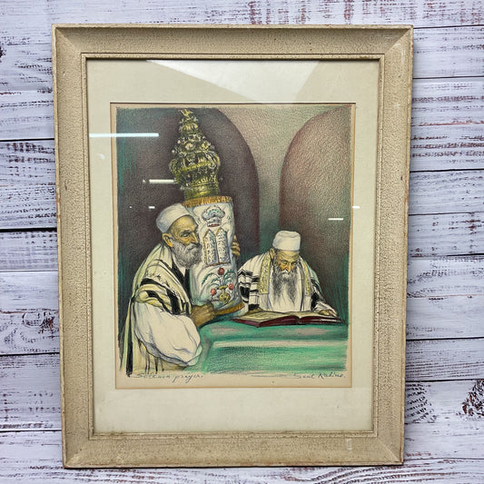 Saul Rabino "Solemn Prayer" Rabbis Hand Colored Lithograph Signed