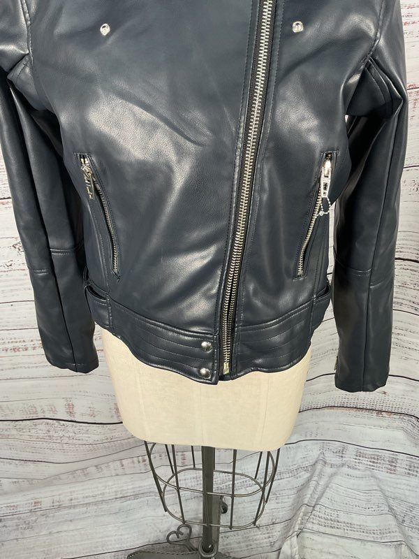 Women's Blank NYC Metallic Blue Biker Jacket Polyester - Size L