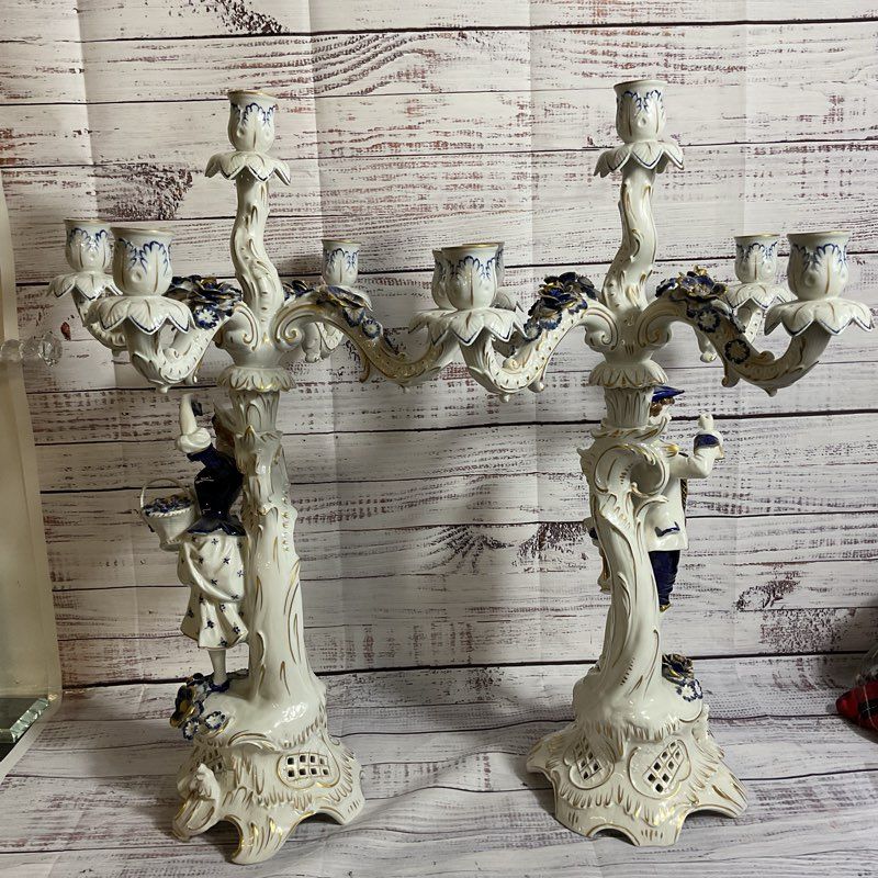 Pair ANTQ. 1817 ECHT KOBALT Blue/White Gold Gilt Porcelain Victorian Candelabras