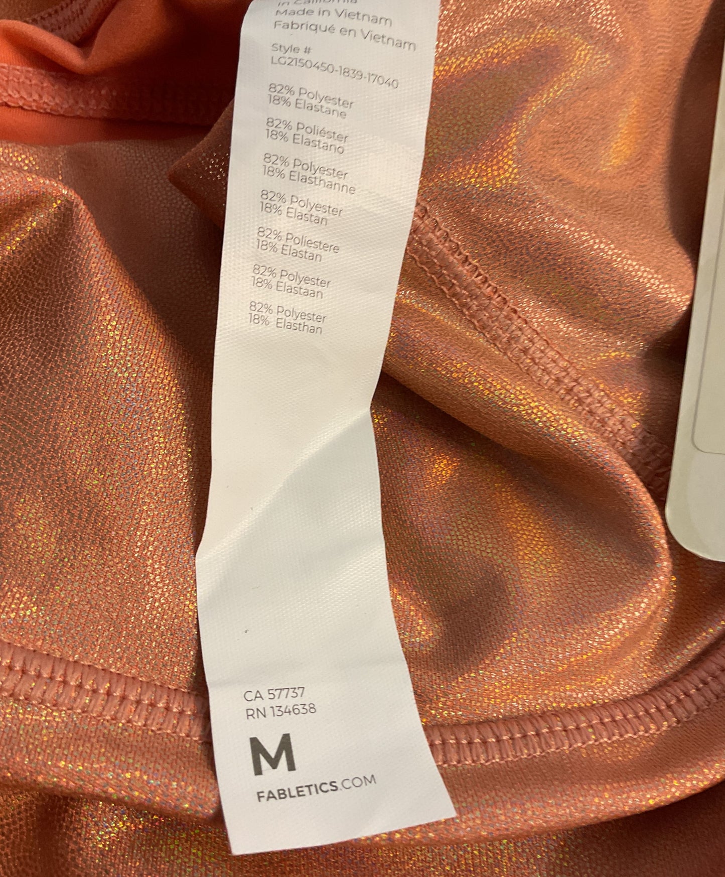 NWT Women' Fabletics Iridescent Peach Leggings Size M