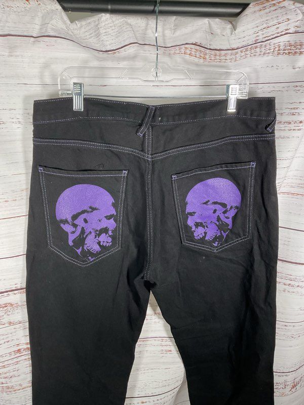 By Slik Skull Prayer Black Denim Jeans Black & Purple Goth Street Wear Size 34