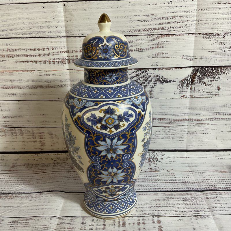 VTG. PANDA Pottery Peacock Motif Jar with Lid- 10.5"